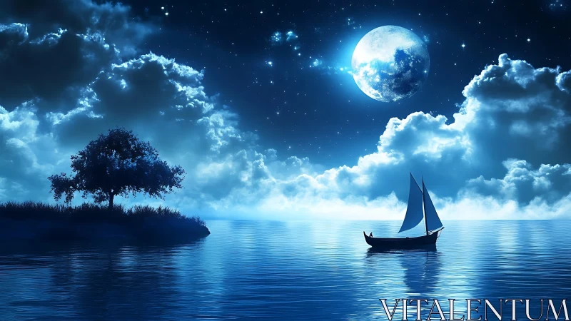 Luminous moonlit seascape with sailboat, clouds and reflected starlight