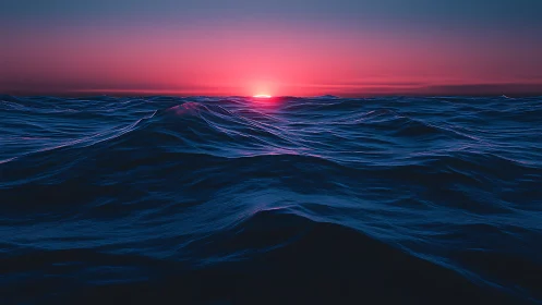 Neon horizon illuminates stylized ocean waves at dusk