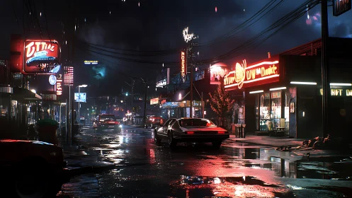 Nocturnal neon corridor with reflective wet asphalt dynamics.