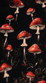 Red toadstool mushroom pattern on dark forest background.