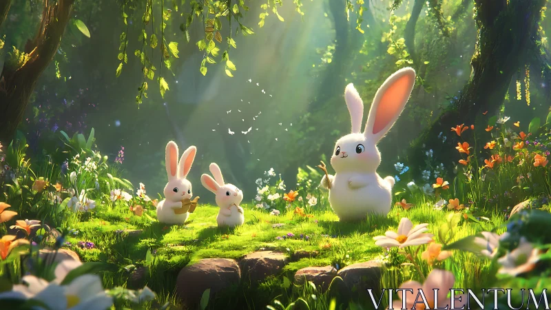 Fluffy white rabbits share sunlight in lush enchanted forest