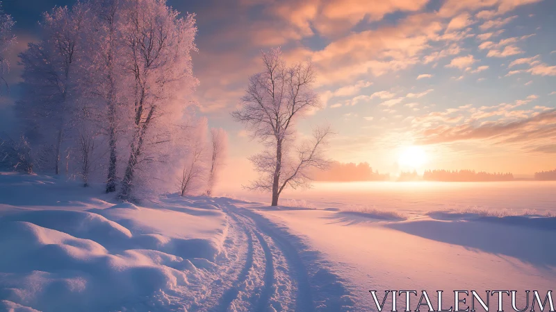 Snow-covered field with frosted trees at low winter sunrise.