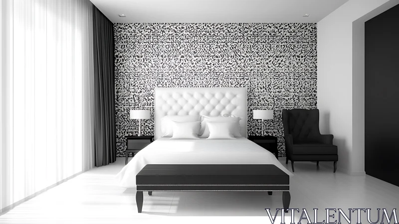 Monochrome bedroom with tufted headboard and speckled feature wall.