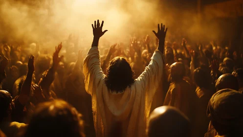 Central robed figure raises arms before dense standing crowd