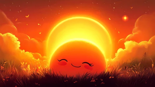 Smiling cartoon sun rises amid glowing orange clouds.