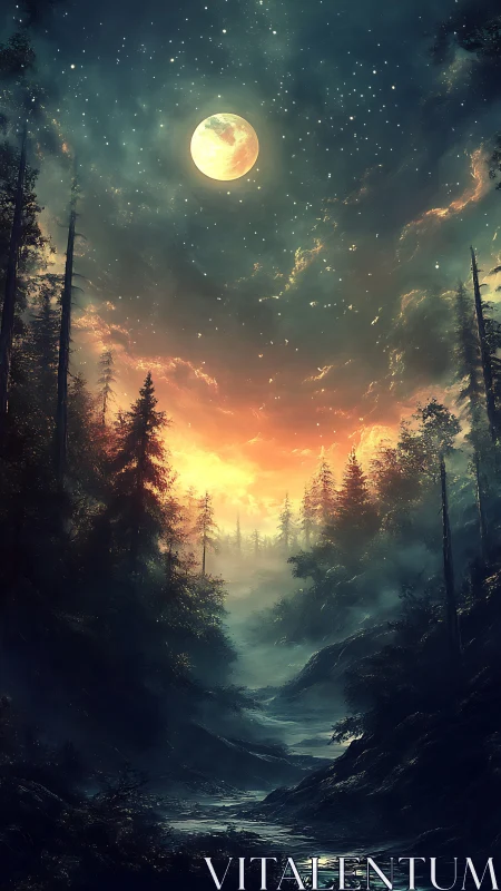 Full Moon Ascending Over Misty Forest Valley at Twilight