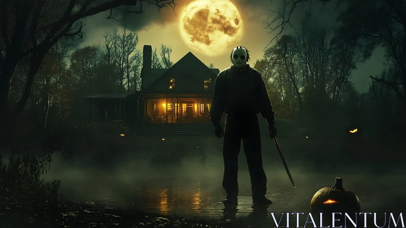 Moonlit marsh ghost and haunted house on Halloween night.