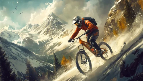 High-velocity downhill mountain biker in alpine snowfield descent.