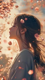 Side-profile anime portrait in windblown sakura atmosphere.