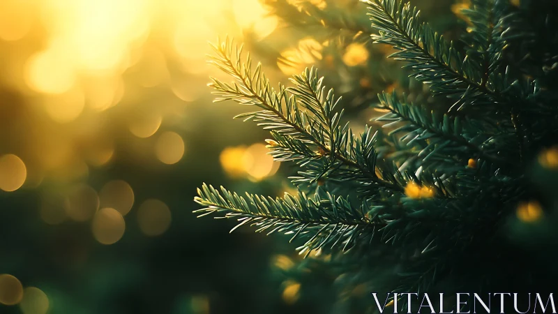 Sunlit evergreen needles against warm golden bokeh glow.