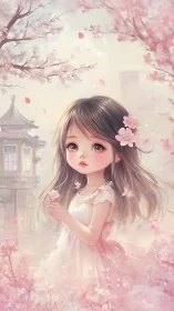 Anime girl beneath soft cherry blossom petals in spring.