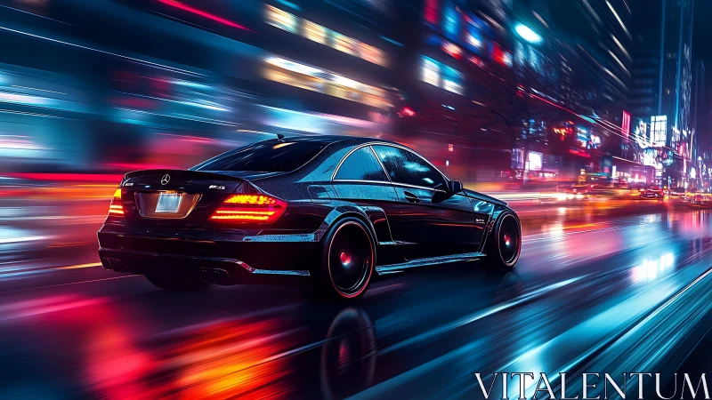 High-performance coupe accelerates through neon-lit wet city corridor