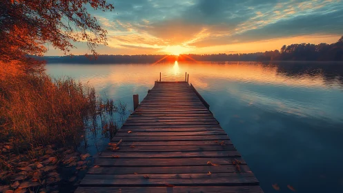 Golden lake sunrise welcomes a quiet wooden pier path