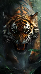 Roaring tiger lunges through dense jungle undergrowth