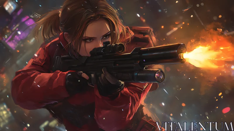 Cyber sniper unleashes blazing rifle burst in neon chaos