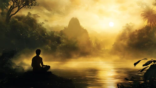 Meditating figure beside misty river at golden sunrise.