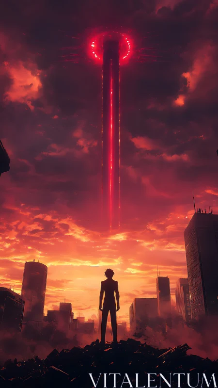 Solitary figure confronts red monolithic portal above ruined city