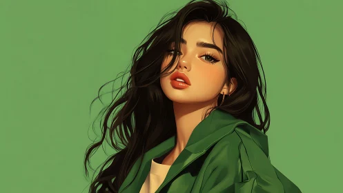 Stylized woman portrait with flowing hair on green field