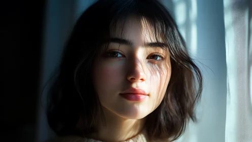 Soft window illumination across contemplative digital portrait.