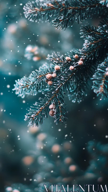 Snow dusted fir needles frame soft teal winter bokeh.