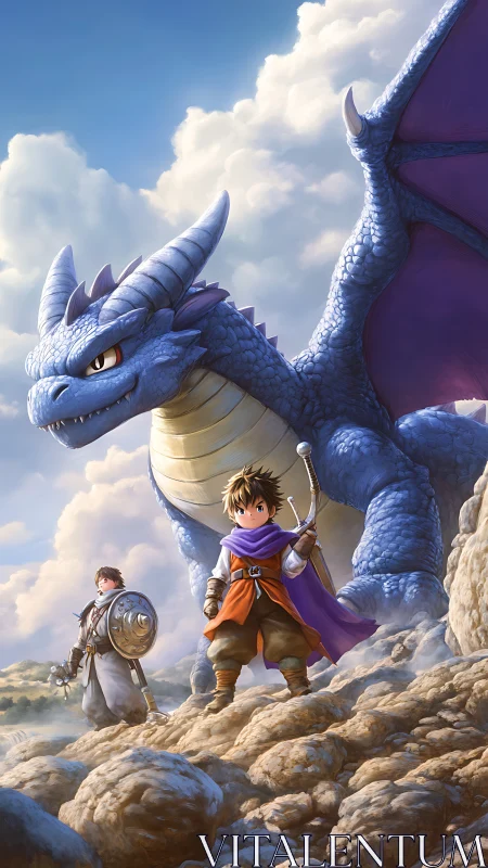 Young warriors stand before large blue dragon amid rocks