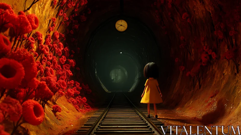 Child in yellow dress on rail track in floral tunnel corridor