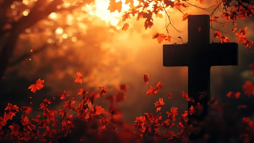 Stone cross in autumn graveyard at warm sunset light.