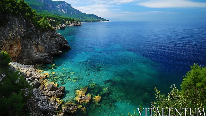 Rocky coastline with clear turquoise sea and steep cliffs.