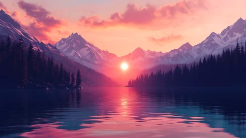 Saturated alpine lake sunset with volumetric light and crisp silhouettes