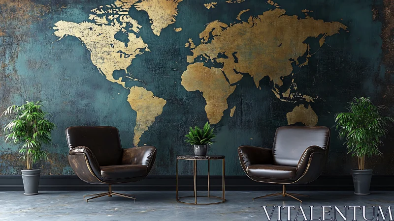 Modern leather lounge with gold world map feature wall