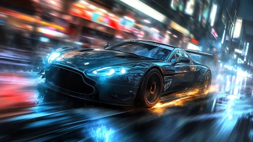 Sleek racing supercar explodes through neon city streets at night.