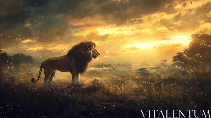 Digital painting of lion in atmospheric savanna sunset drama.