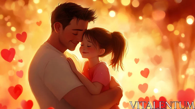 Illustrated Adult and Child Embrace Against Bokeh Background