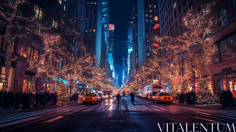 Urban street shows dense holiday lighting and night traffic