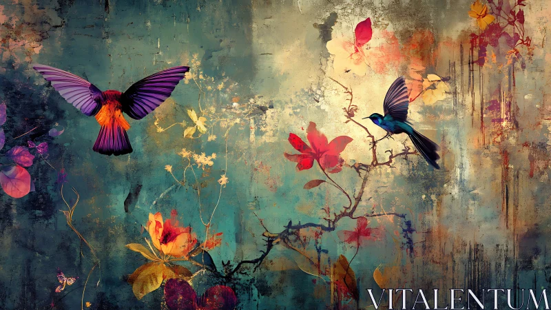 Vibrant songbirds traverse an abstract floral dreamscape