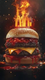 Stacked cheeseburger render shows flaming emblem above bun