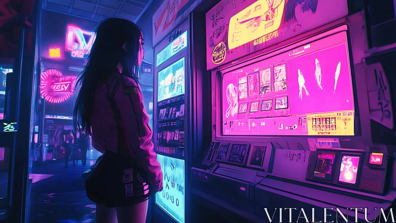 Cyberpunk street scene with woman at neon display panel.
