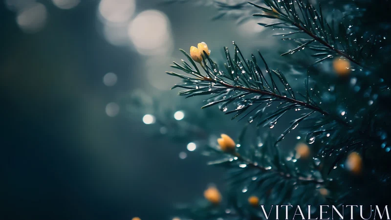 Rain-kissed evergreen sprig cradling tiny golden buds in mist.