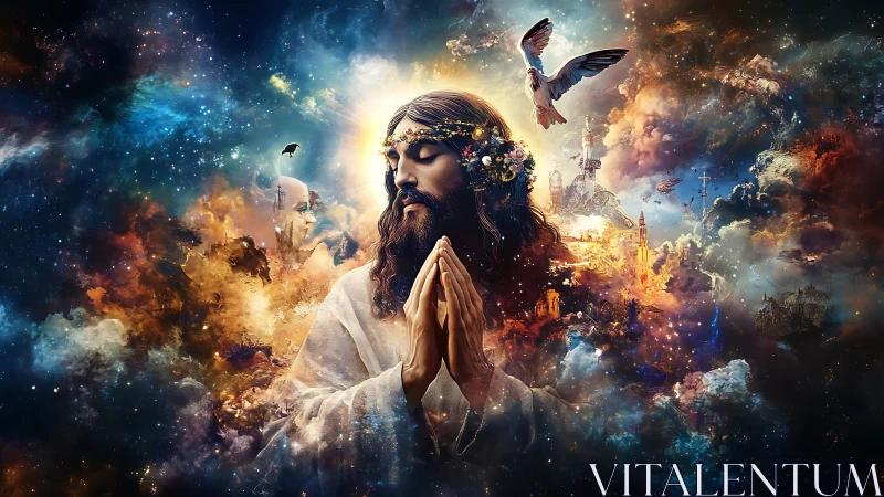 Praying robed figure amid luminous cosmic clouds and doves