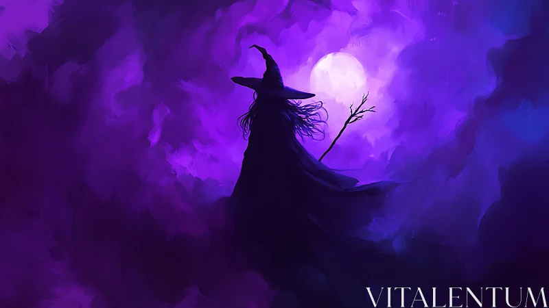 Moonlit witch silhouette in swirling violet mistscape.