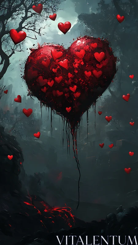 Floating Heart. Dark Fantasy Vision Suspended in Misty Forest.
