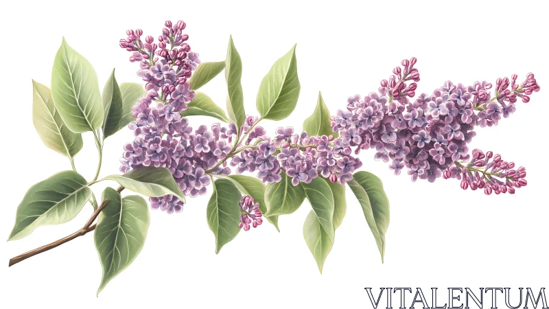 Lilac Branch with Purple Blooms and Green Foliage.