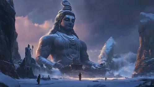 Colossal snowbound Shiva monument in icy Himalayan canyon