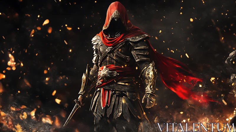 Scarlet-hooded shadow knight strolling through embers of war.