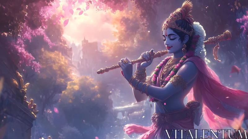 Ornate blue-skinned figure playing flute in forest scene.