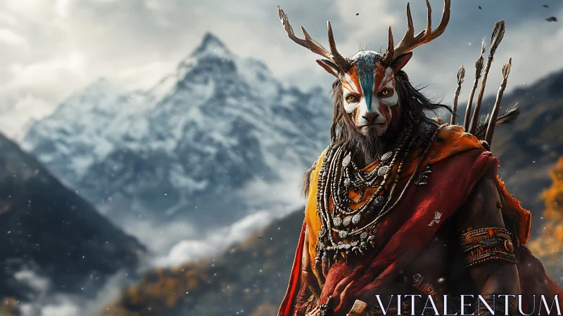 Horned mountain shaman prowls the snowbright horizon.