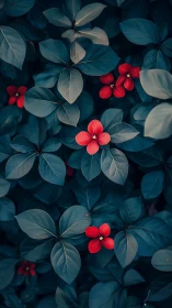 Red four-petaled flowers among dense dark green foliage.