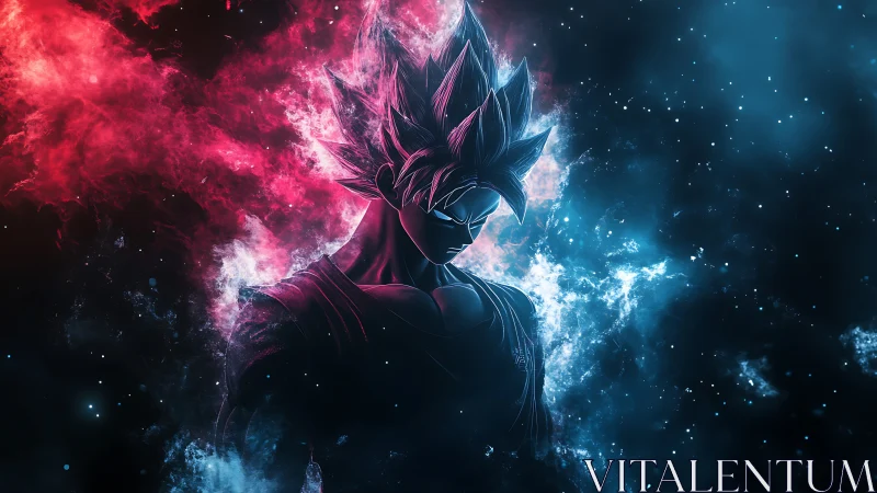 Spiky haired warrior stands in red and blue cosmic light