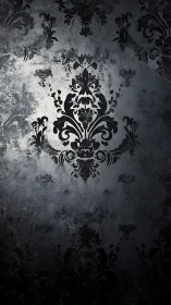 Baroque damask on distressed metallic noir surface.