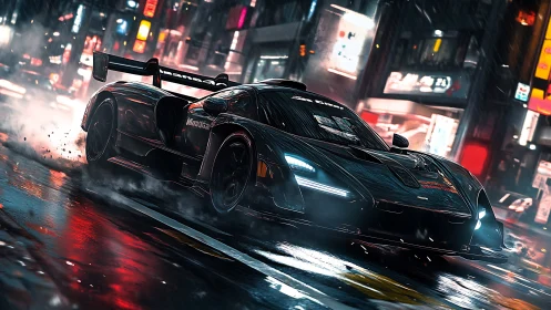 Racing car moves through wet neon city street at night